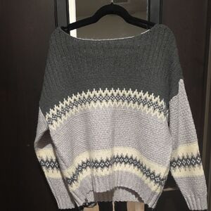 Lucky Brand Off-the-Shoulder Gray and Cream Sweater
